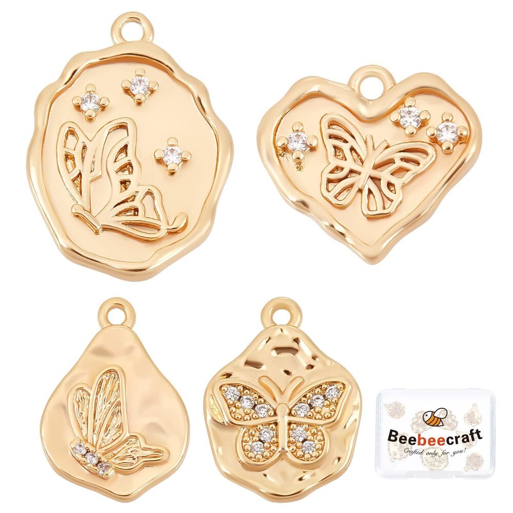 7252 8Pcs 4 Style 18K Gold Plated Charms with Cubic Zirconia Butterfly Oval